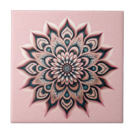 Boho Chic  Rosa Flower Mandala med Mörk Teal Kakelplatta