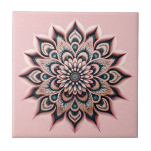 Boho Chic Rosa Flower Mandala med Mörk Teal Kakelplatta