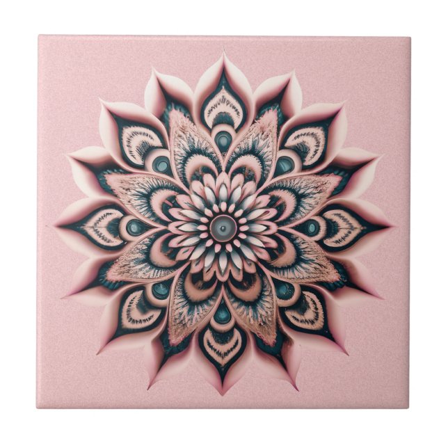 Boho Chic  Rosa Flower Mandala med Mörk Teal Kakelplatta (Framsidan)