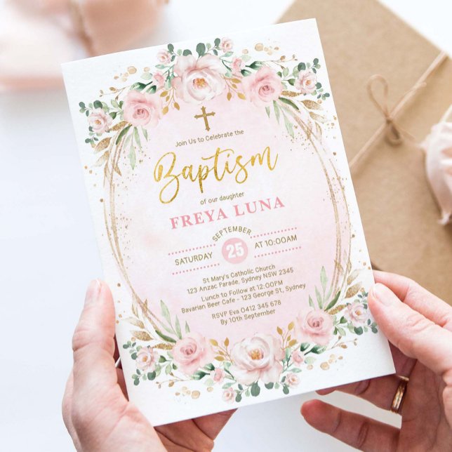 Boho Chic  Rosa Guld Blommigt Flickor Baptism Inbjudningar (Skapare uppladdad)