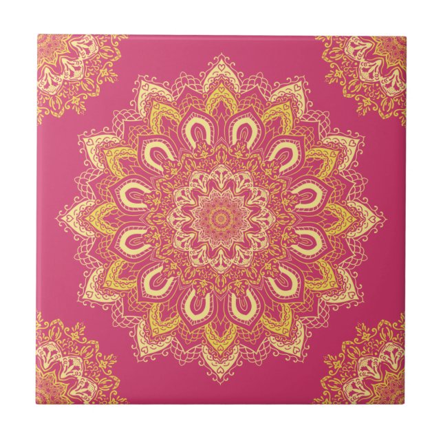 Boho Chic Rosa Gult Modern Elegant Mandala Kakelplatta (Framsidan)
