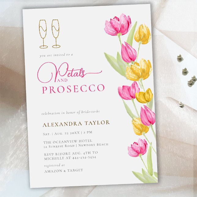 Boho Chic Rosa Gult Tulips Guld Petals Prosecco Inbjudningar (Skapare uppladdad)