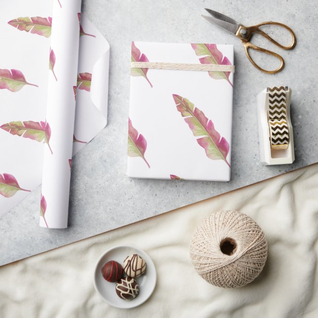 Boho Chic Rosa och Grönt Fjädervätning papper Presentpapper (Hantverk)