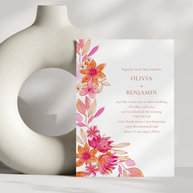 Boho Chic Rosa Orange Blommig Akvarell Bröllop Inbjudningar (Skapare uppladdad)