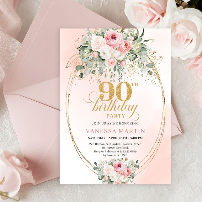 Boho Chic Rosé Blommig Grönska Guld 90-årsdag Inbjudningar (Boho Chic Blush Floral Greenery 90th Birthday Invite)
