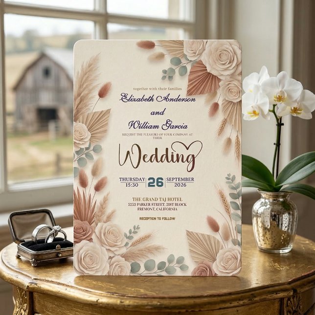 Boho Chic Roses Pampas Grass Wedding Inbjudningar (Skapare uppladdad)