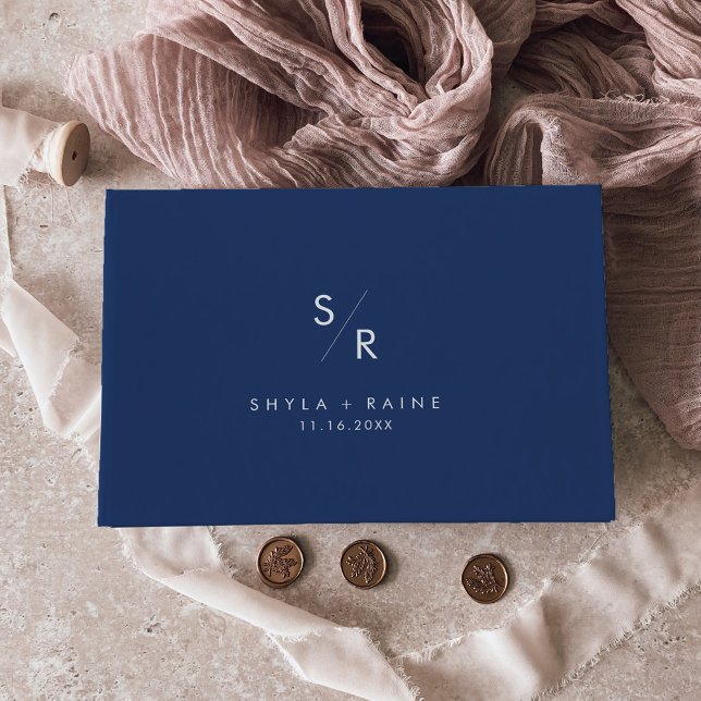 Boho Chic Royal Blue Monogram Bröllop Gästböcker (Skapare uppladdad)