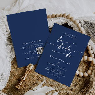 Boho Chic Royal Blue QR Code Spain Bröllop Inbjudningar