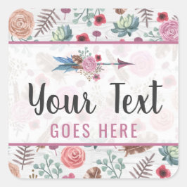 Boho Chic Rustic Feather Arrow Watercolor Bohemian Fyrkantigt Klistermärke