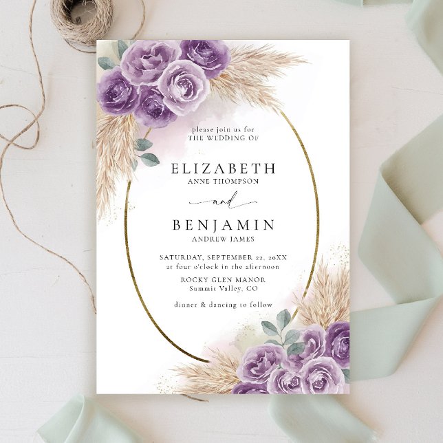 Boho Chic Rustic Lila Oval Guld Elegant bröllop Inbjudningar (boho chic rustic purple wedding invitation watercolor elegant floral frame barn ranch garden)