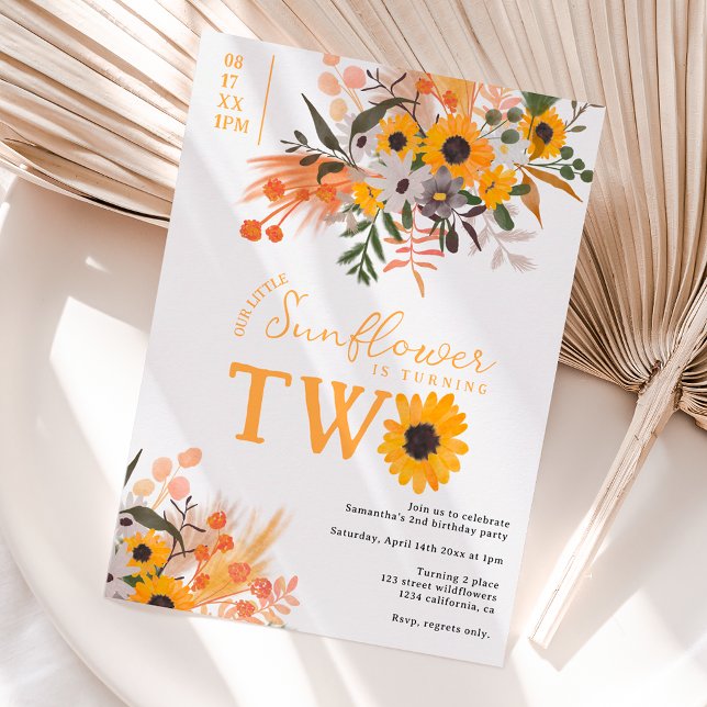 Boho chic rustik orange solblommor 2:a födelsedag inbjudningar (Skapare uppladdad)