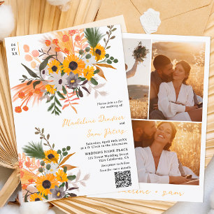 Boho chic rustik orange solblommor 3 foto bröllop inbjudningar