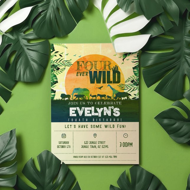 Boho Chic Safari Animals Fyra gånger om Vilden Föd Inbjudningar (Skapare uppladdad)