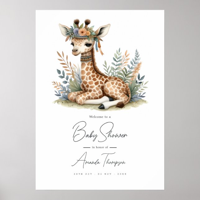Boho Chic Safari Giraff Baby Shower Välkomstskylt Poster (Framsidan)