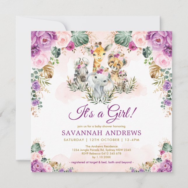 Boho Chic Safari Jungle Animals Girl Baby Shower Inbjudningar (Framsida)