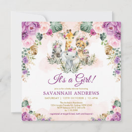 Boho Chic Safari Jungle Animals Girl Baby Shower Inbjudningar