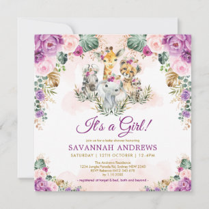 Boho Chic Safari Jungle Animals Girl Baby Shower Inbjudningar