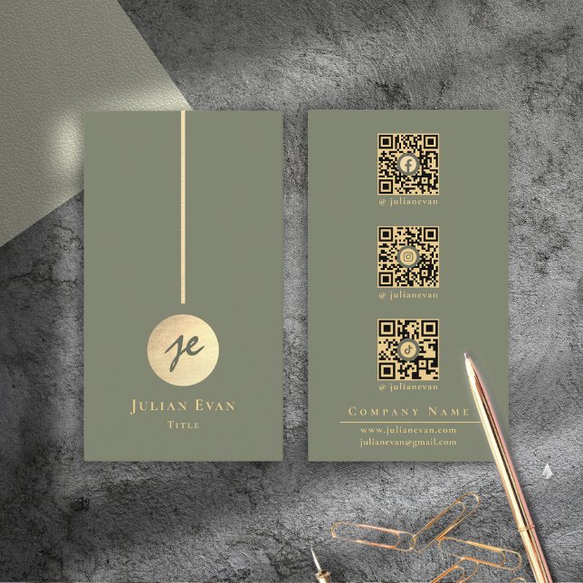 Boho Chic Sage Grönt & Guld Monogram Social Media Visitkort (Glamorous Shiny Vintage Emerald Green & Gold Business Card)