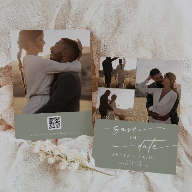 Boho Chic Sage Grönt Multi Photo QR-kod Spara Datumet (Skapare uppladdad)