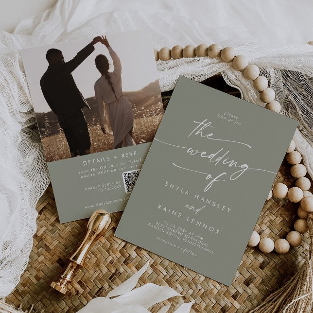 Boho Chic Sage Grönt Photo QR Code Bröllop Inbjudningar (Skapare uppladdad)