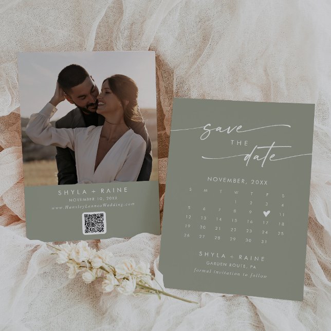 Boho Chic Sage Grönt QR-kodsfotokalender Spara Datumet (Skapare uppladdad)