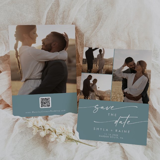 Boho Chic Seafoam Teal Multi Photo QR-kod Spara Datumet (Skapare uppladdad)