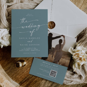 Boho Chic Seafoam Teal Photo QR Code Bröllop Inbjudningar