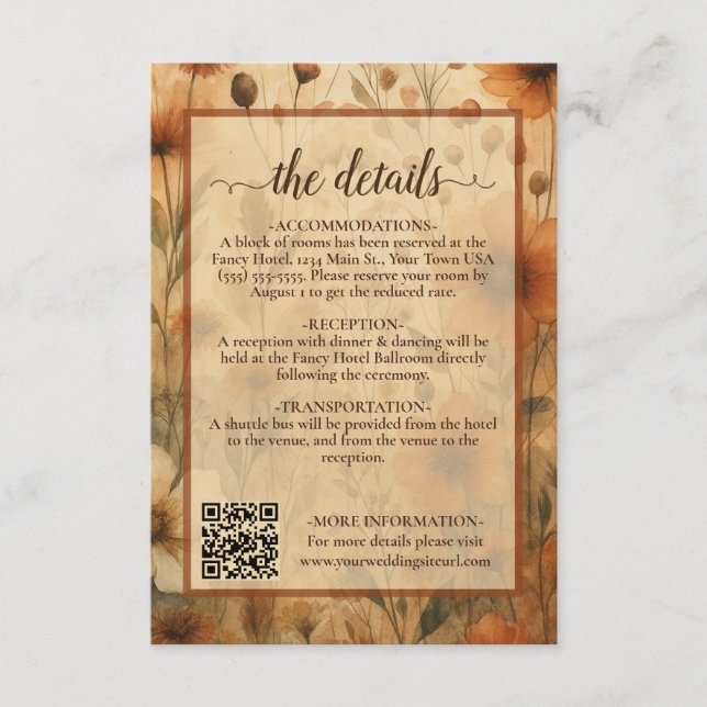 Boho Chic Sienna Floral Wedding Details QR Code Tilläggskort (Framsida)