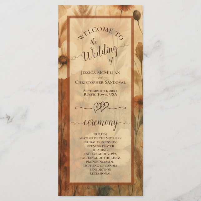 Boho Chic Sienna Wildflowers Elegant Wedding Program (Framsida)