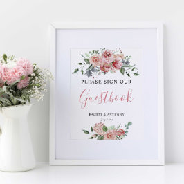 Boho Chic Sign Guest Bok Bröllop Blommigt Rosa Poster