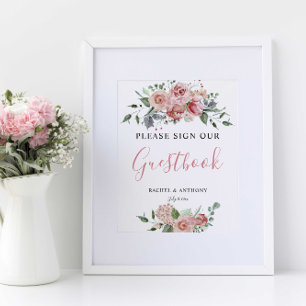 Boho Chic Sign Guest Bok Bröllop Blommigt Rosa  Poster