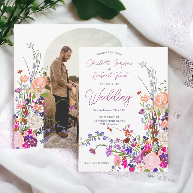 Boho chic-skript för vilda blommor, bild bröllop inbjudningar (Boho chic wildflowers script photo wedding invitation)