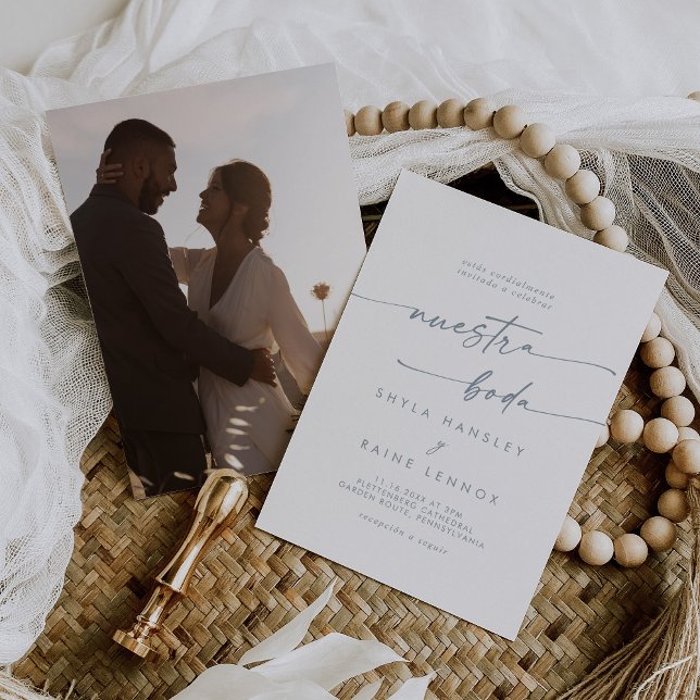 Boho Chic Slate Blue Photo Spain Bröllop Inbjudningar (Skapare uppladdad)