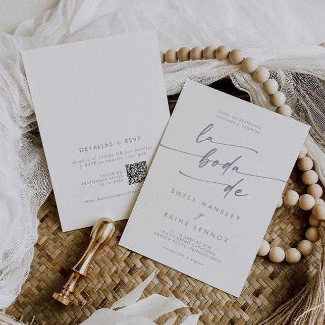 Boho Chic Slate Blue QR Code Spain Bröllop Inbjudningar (Skapare uppladdad)