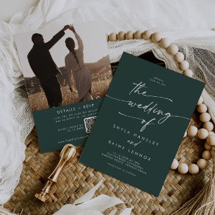 Boho Chic Smaragdgrön Foto QR-kod Bröllop Inbjudningar