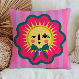 Boho Chic Sol Ansikte Färgrik Maximalist Randig Kudde