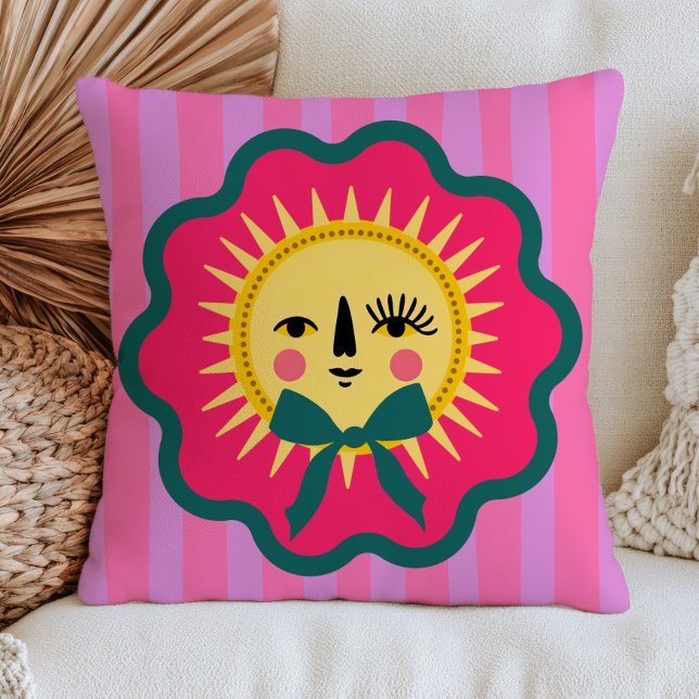 Boho Chic Sol Ansikte Färgrik Maximalist Randig Kudde (Skapare uppladdad)