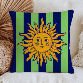 Boho Chic Sol Ansikte Navyblå & Gröna Ränder Retro Kudde