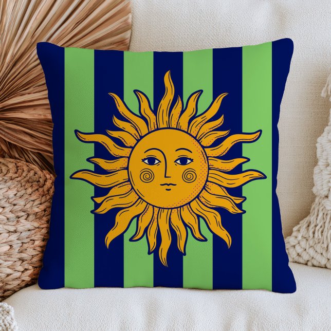 Boho Chic Sol Ansikte Navyblå & Gröna Ränder Retro Kudde (Skapare uppladdad)