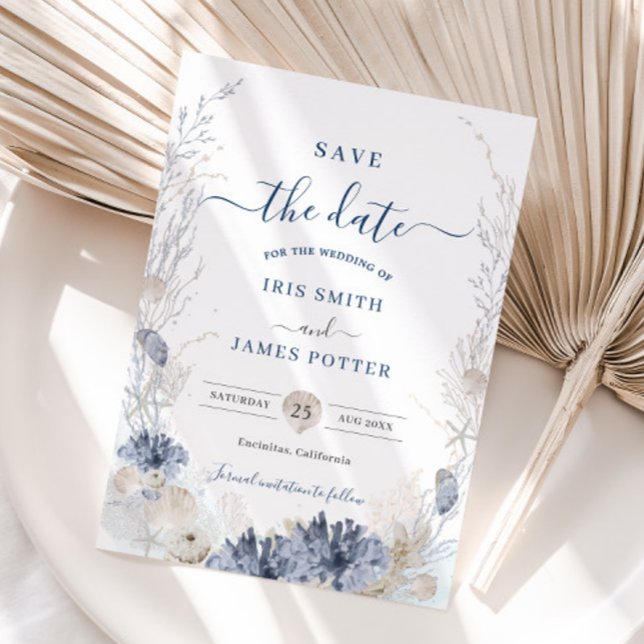 Boho Chic Strand Resort Destination Bröllop Spara Datumet (boho chic beach wedding save the date cards pastel soft blue corals reefs shells oceanfront resort)