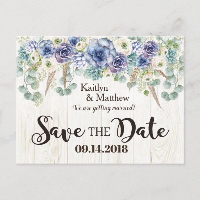 Boho Chic Sukkulent Eukalyptus Save the Date Meddelande Vykort (Framsida)