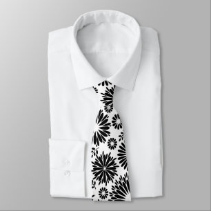 Boho Chic Svart Vitt Folkliga Blommor och Stjärnex Slips