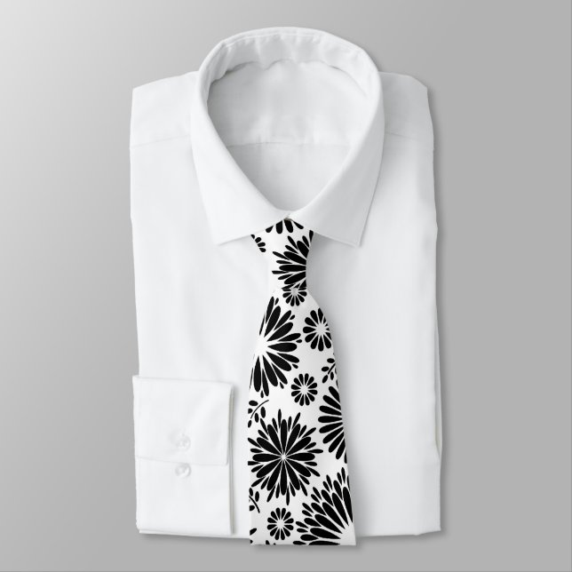 Boho Chic Svart Vitt Folkliga Blommor och Stjärnex Slips (Bunden)