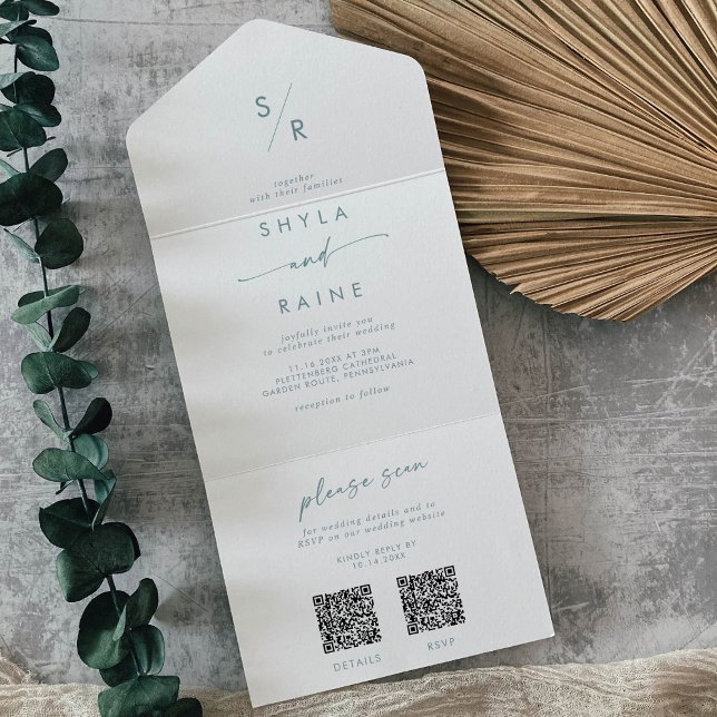 Boho Chic Teal and White Dual QR Code Bröllop (Skapare uppladdad)