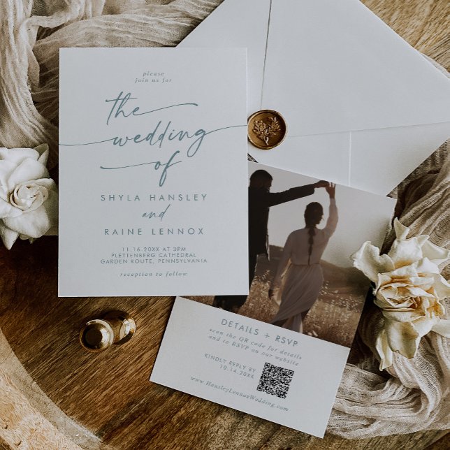 Boho Chic Teal and White Photo QR Code Bröllop Inbjudningar (Skapare uppladdad)