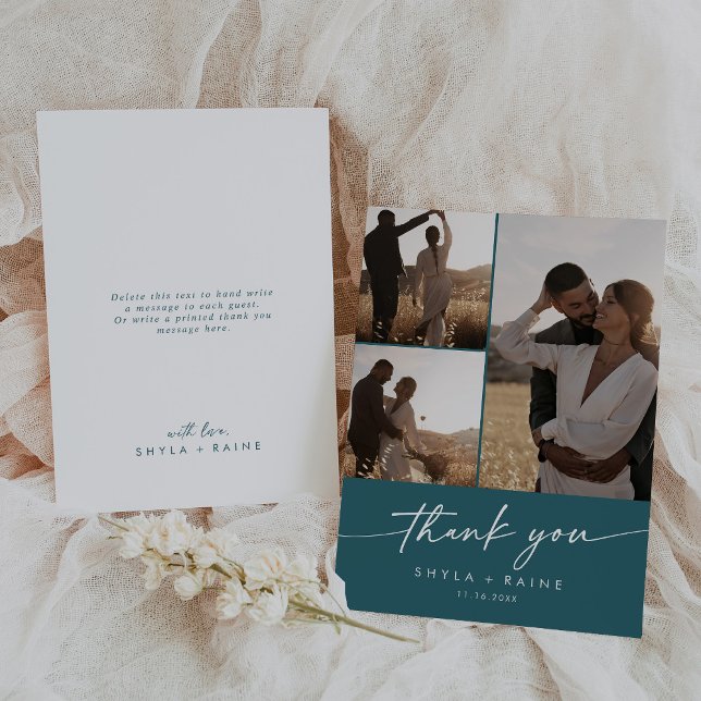 Boho Chic Teal Blue Bröllop Photo Collage Tack Kort (Skapare uppladdad)