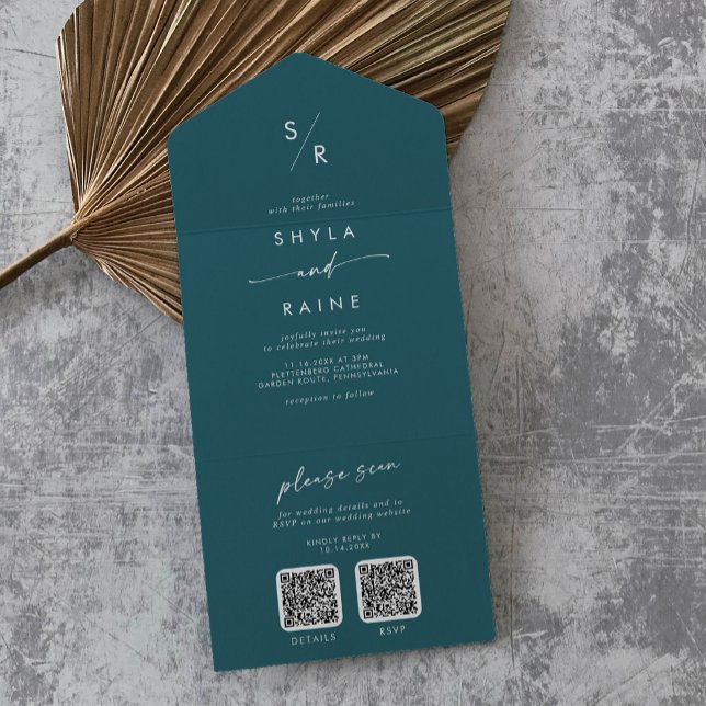 Boho Chic Teal Blue Dual QR Code Bröllop (Skapare uppladdad)