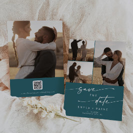 Boho Chic Teal Blue Multi Photo QR-kod Spara Datumet