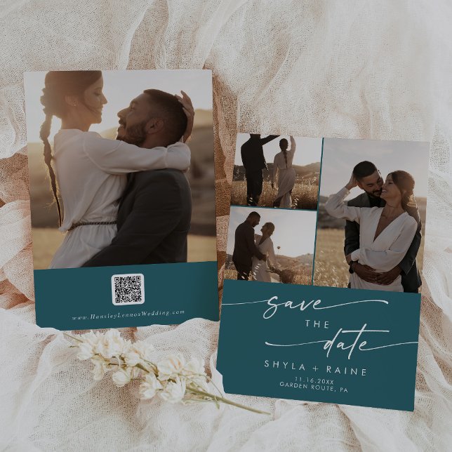 Boho Chic Teal Blue Multi Photo QR-kod Spara Datumet (Skapare uppladdad)