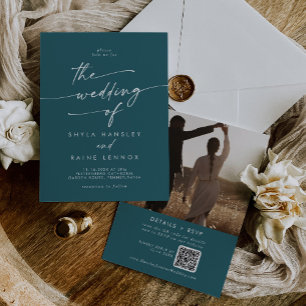 Boho Chic Teal Blue Photo QR Code Bröllop Inbjudningar